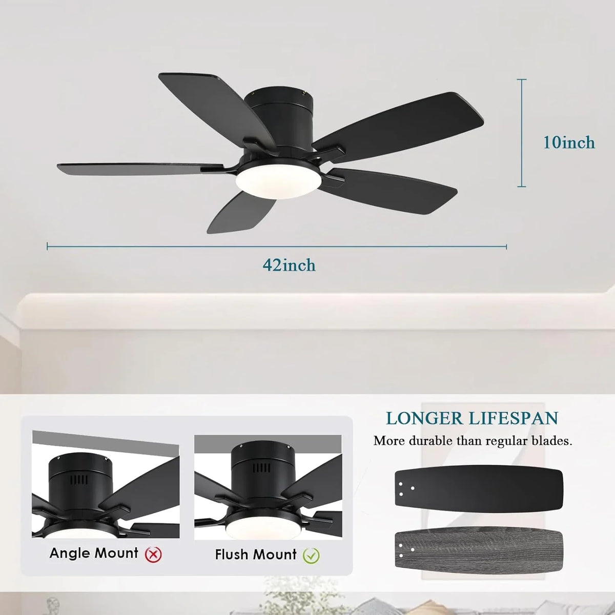 42 Inch Low Profile Ceiling Fans with Lights and Remote, Flush Mount Modern Ceiling Fan, 3 CC T DC Ceiling Fan for Bedroom, Living Room, Brushed Nickel