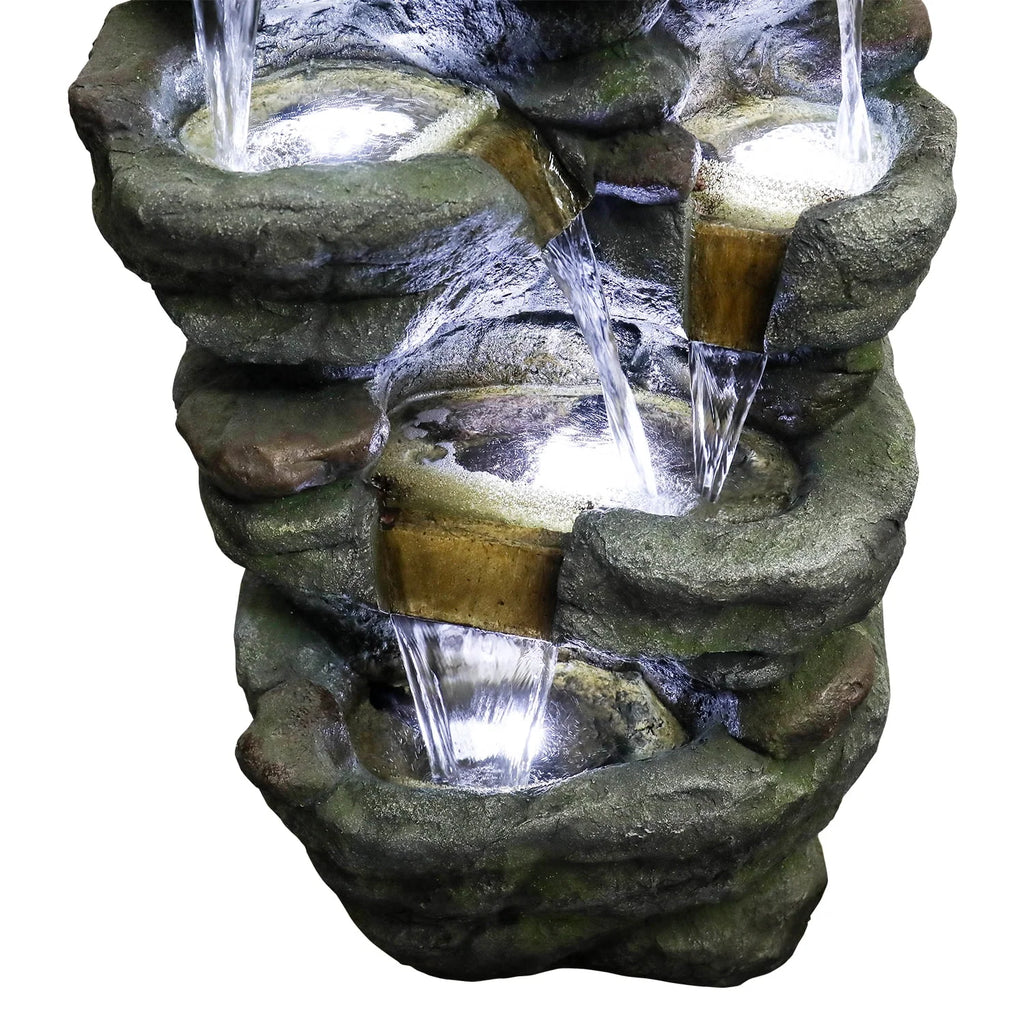 51" H Outdoor Water Fountain - 7-Tiers Rock Waterfall Fountain with LED Lights for Home Garden Decor