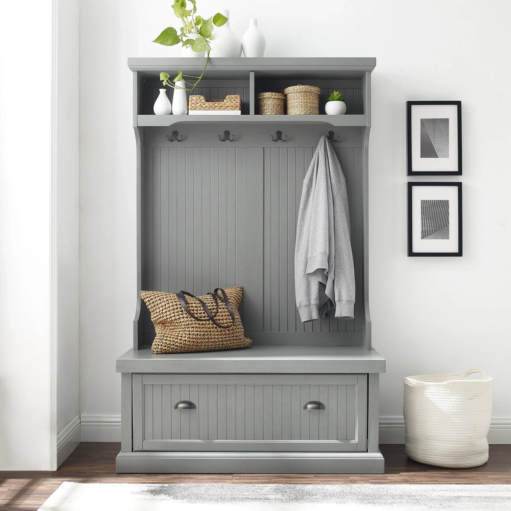 Crosley Furniture Seaside Coastal Wood Hall Tree in Distressed Gray and Chrome