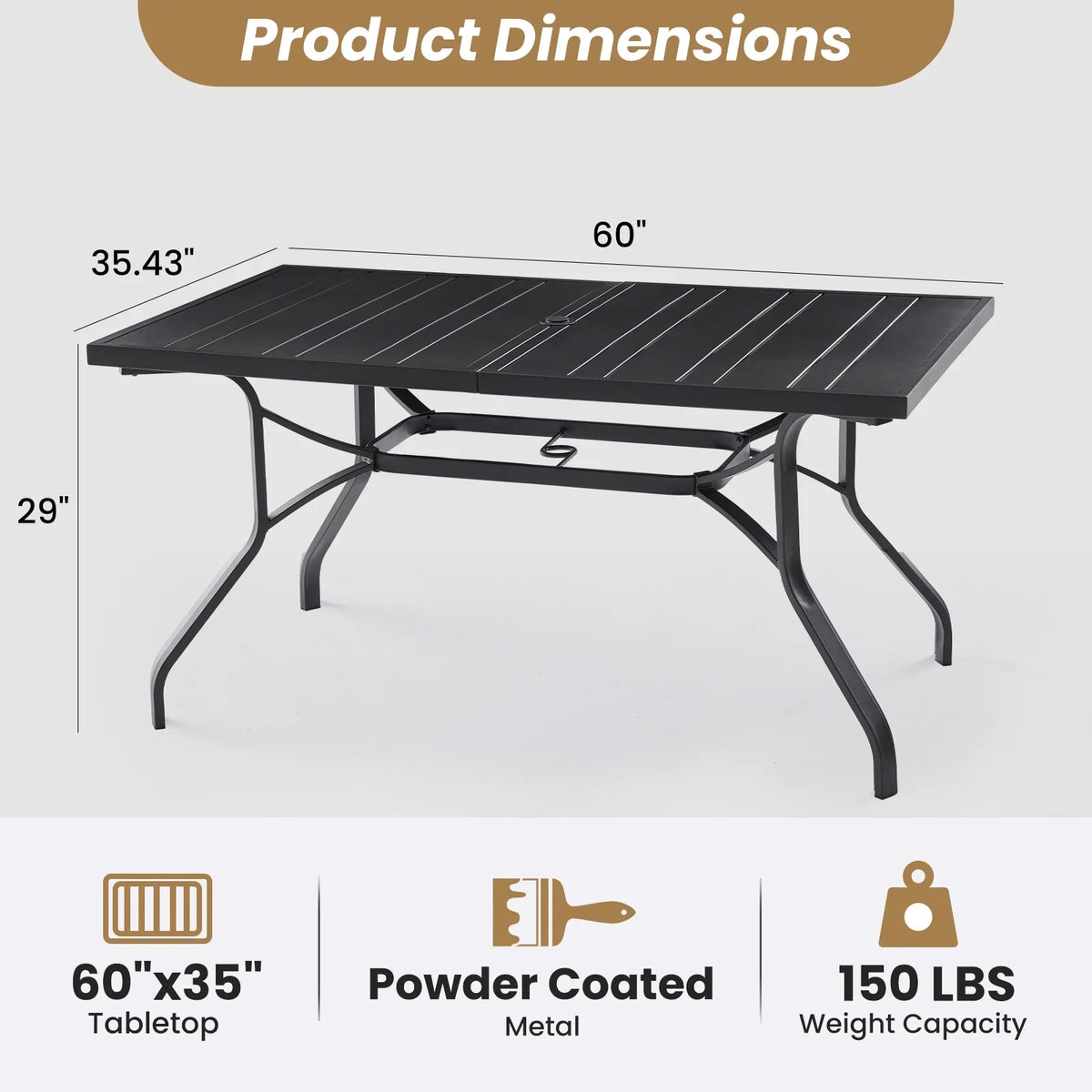 STARY Patio Dining Table 35"x35", Square Outdoor Dining Table with 1.57" Umbrella Hole for Patio Graden Backyard and Poolside