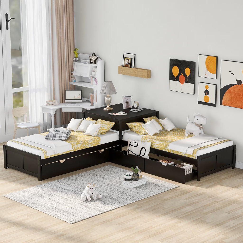 Euroco Wood Twin Size L-Shaped Platform Bed with Square Storage Table for Kids Teens, 2 Platform Beds with Trundle and Drawers for Living Room, 3 Twin Beds, Gray