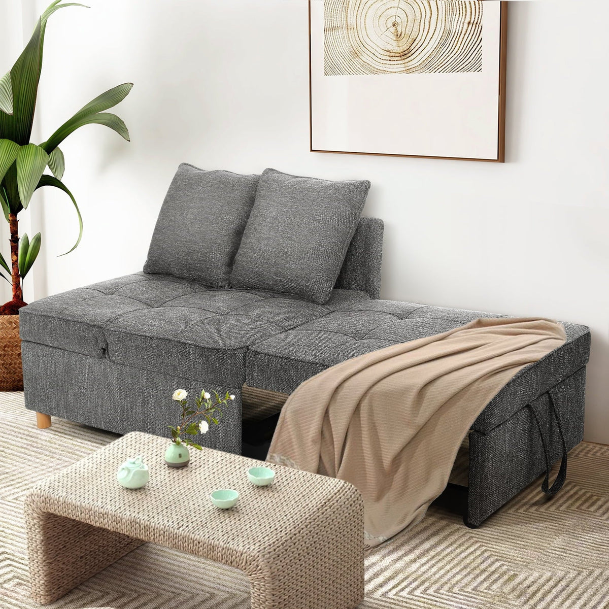SEJOV 4-in-1 Convertible Sleeper Chair Bed, Linen Sofa Bed for Small Space, Futon Sofa with 2 Throw Pillows for Living Room, Single Recliner with 5 Adjustable Backrest for Bedroom Apartment, Brown