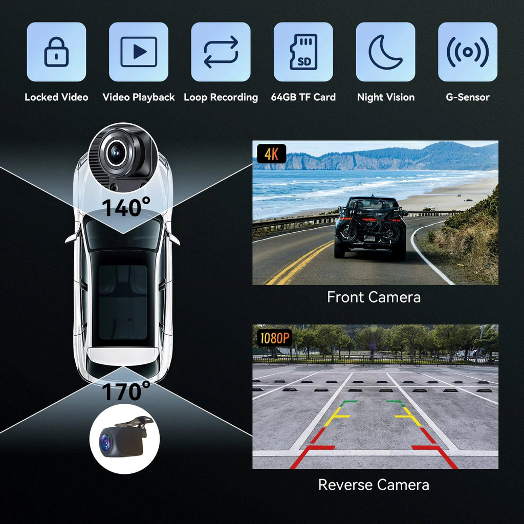10.26" Wireless Apple Carplay Screen with Android Auto, 4K Dash Cam, Backup Camera, Bluetooth, GPS, Voice Control