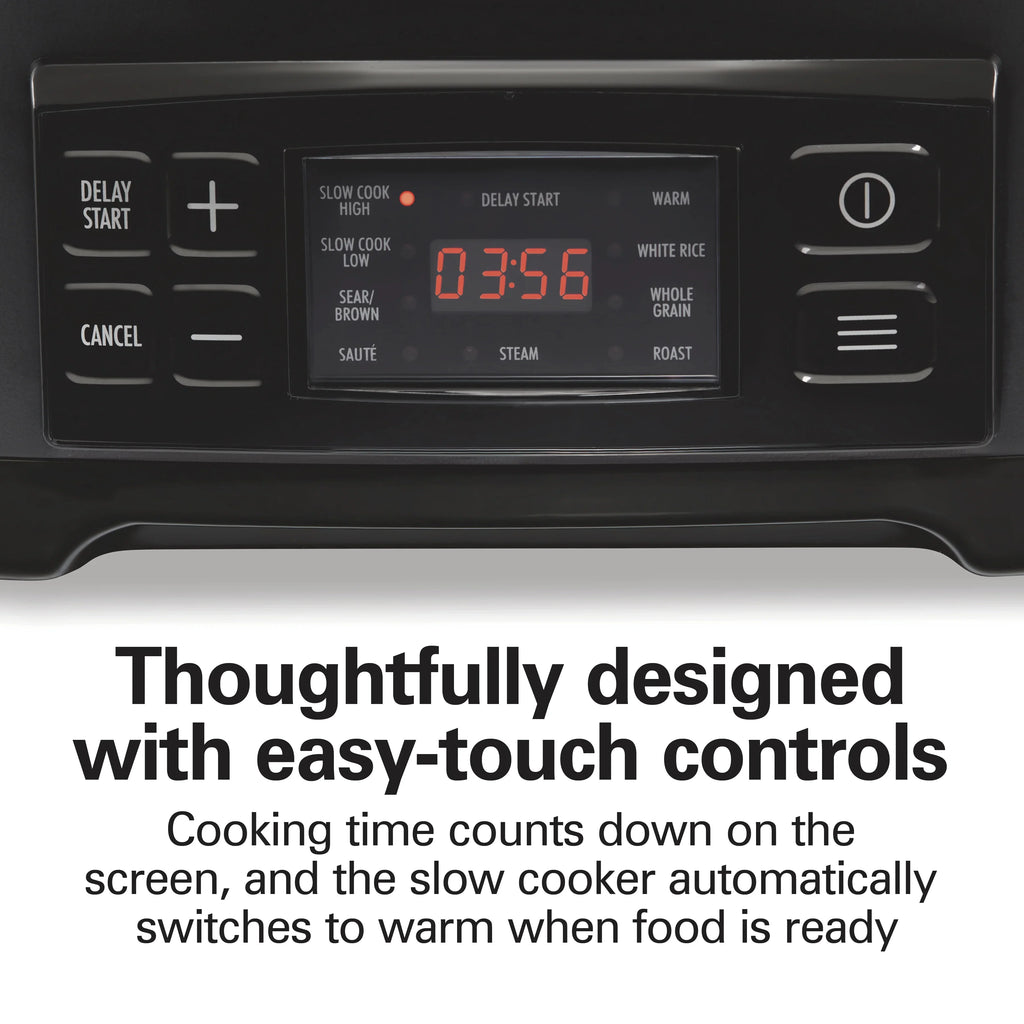 Hamilton Beach 9-in-1 Multi Cooker, 6 Qt Searing Slow Cooker, Nonstick Aluminum Crock with Removable Pot, Black