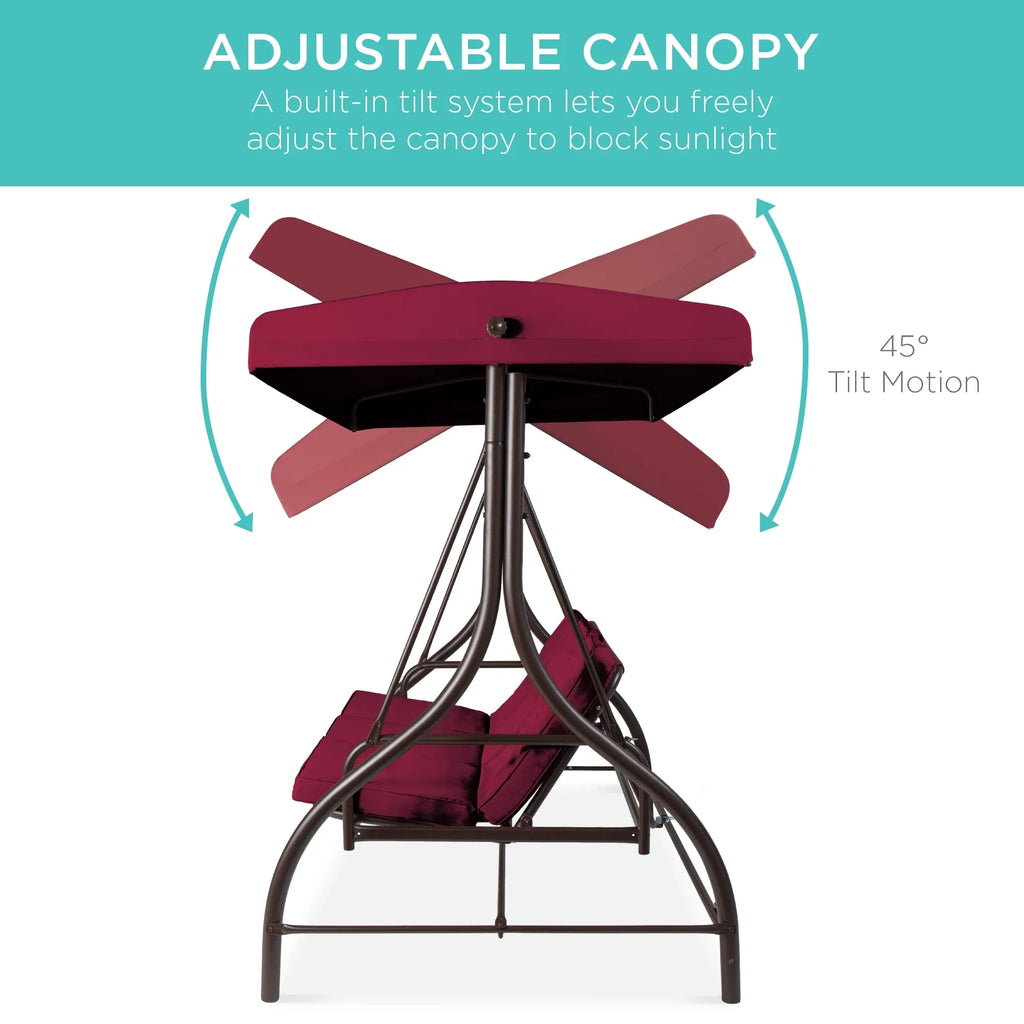 Best Choice Products 3-Seat Outdoor Converting Canopy Swing Glider Patio Hammock w/ Removable Cushions - Burgundy