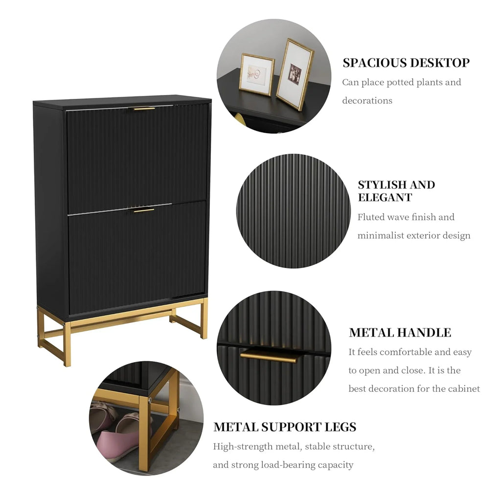 Oubayajia Modern Shoe Storage Cabinet, Wood Shoe Rack Organizer with 2 Flip Drawers, Freestanding Narrow Shoe Cabinet for Entryway Hallway, Natural