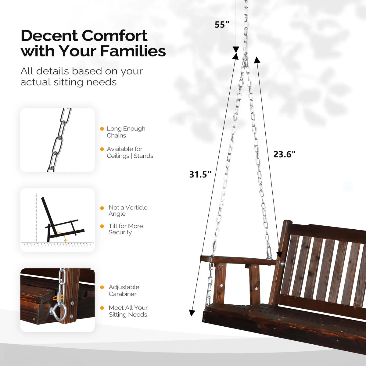 VINGLI Heavy Duty 880 LBS 4 FT Patio Wooden Porch Swing with Upgraded Adjustable Chains, Rustic