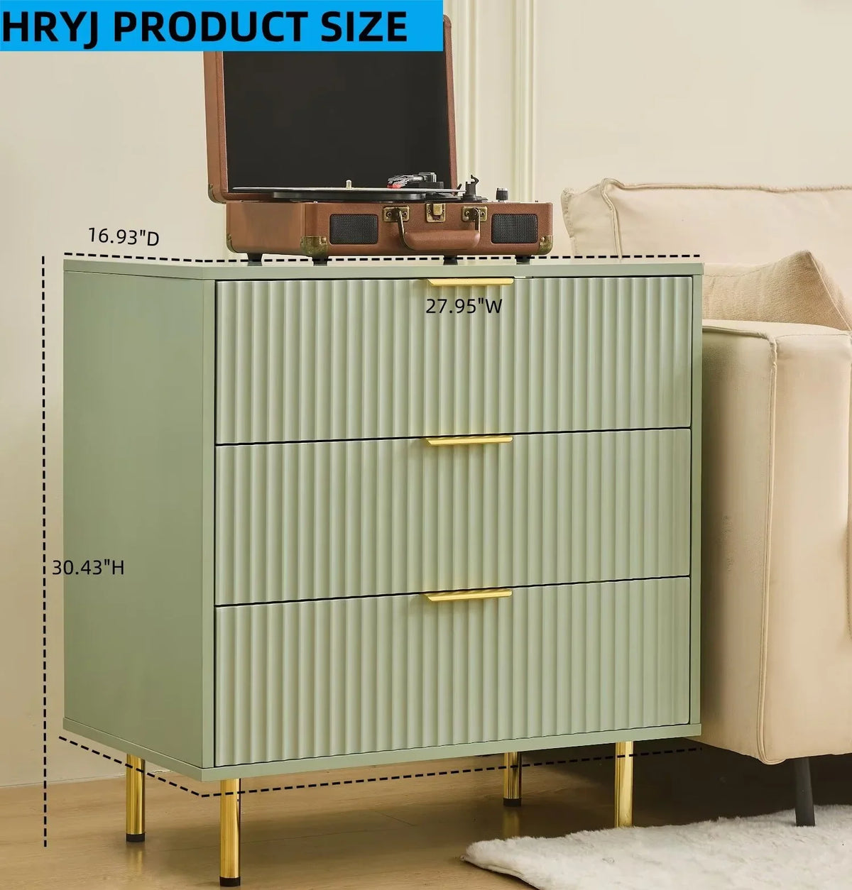 HRYJ White Large 3 Drawers Nightstand Dresser Fluted Wood Night Stand Bedside Table for Bedroom