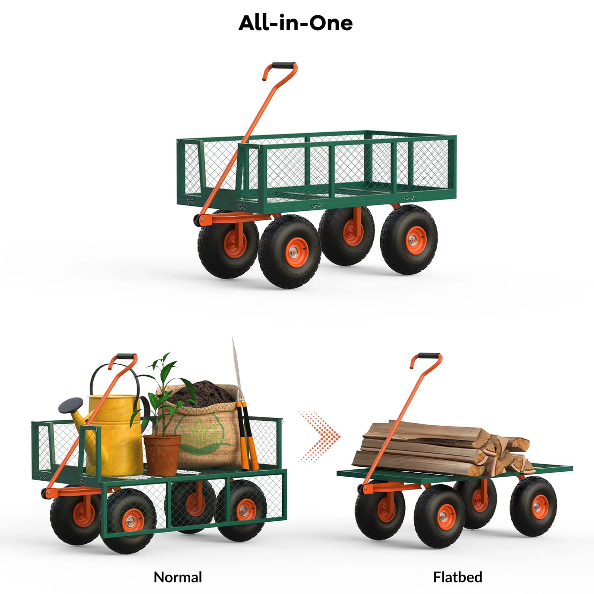 Heavy Duty Steel Garden Cart, Garden Wagon Cart on Wheels, Outdoor Metal Yard Utility Wagon Carts w/Adjustable Handle & Removable Sides(Convert to Flatbed)