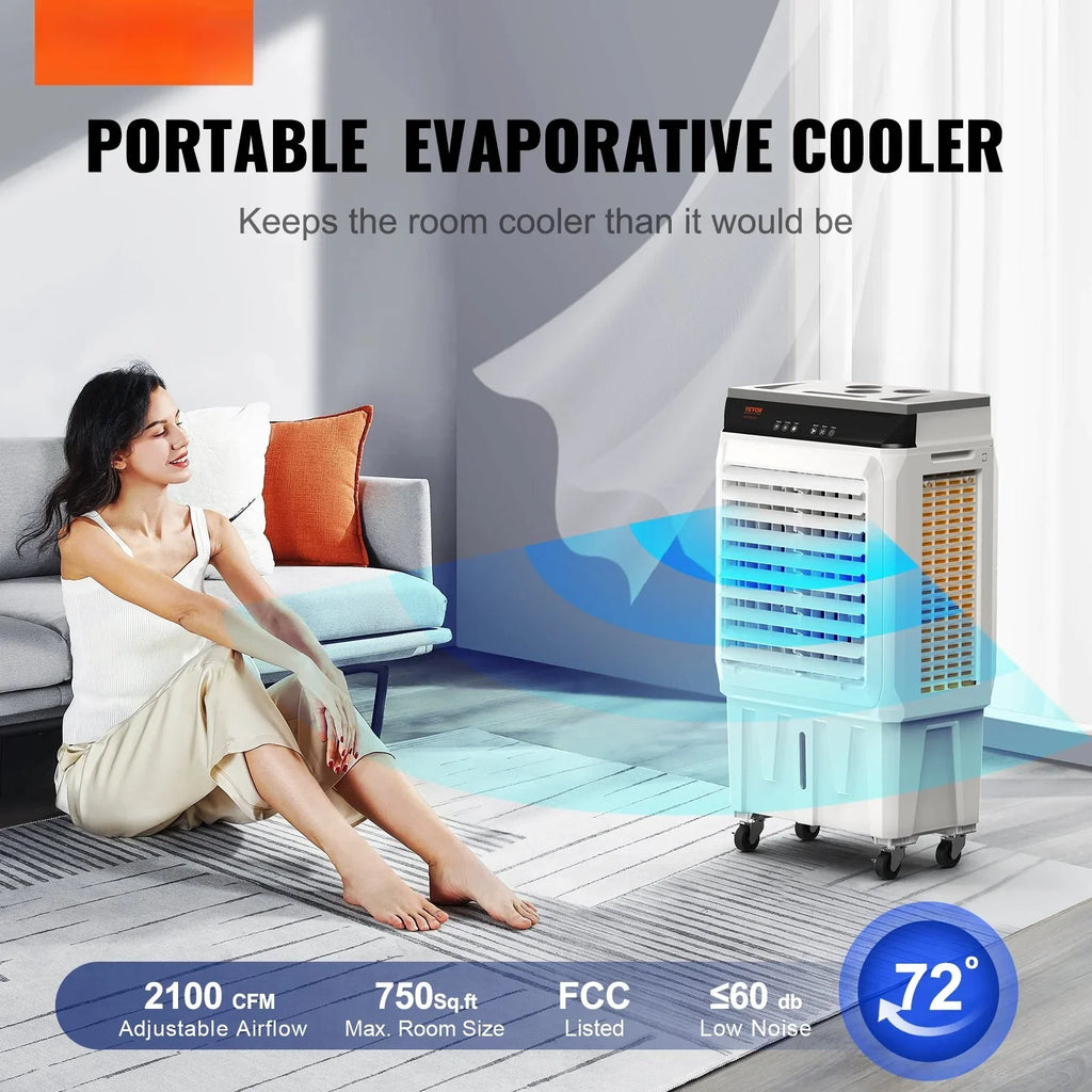 VEVOR Evaporative Air Cooler, 2100 CFM, 135" Oscillating Swamp Cooler with Adjustable 3 Speeds and 12 H Timer, 7 Gal Portable Air Cooler for 750 Sq.ft, Indoor/Outdoor Use