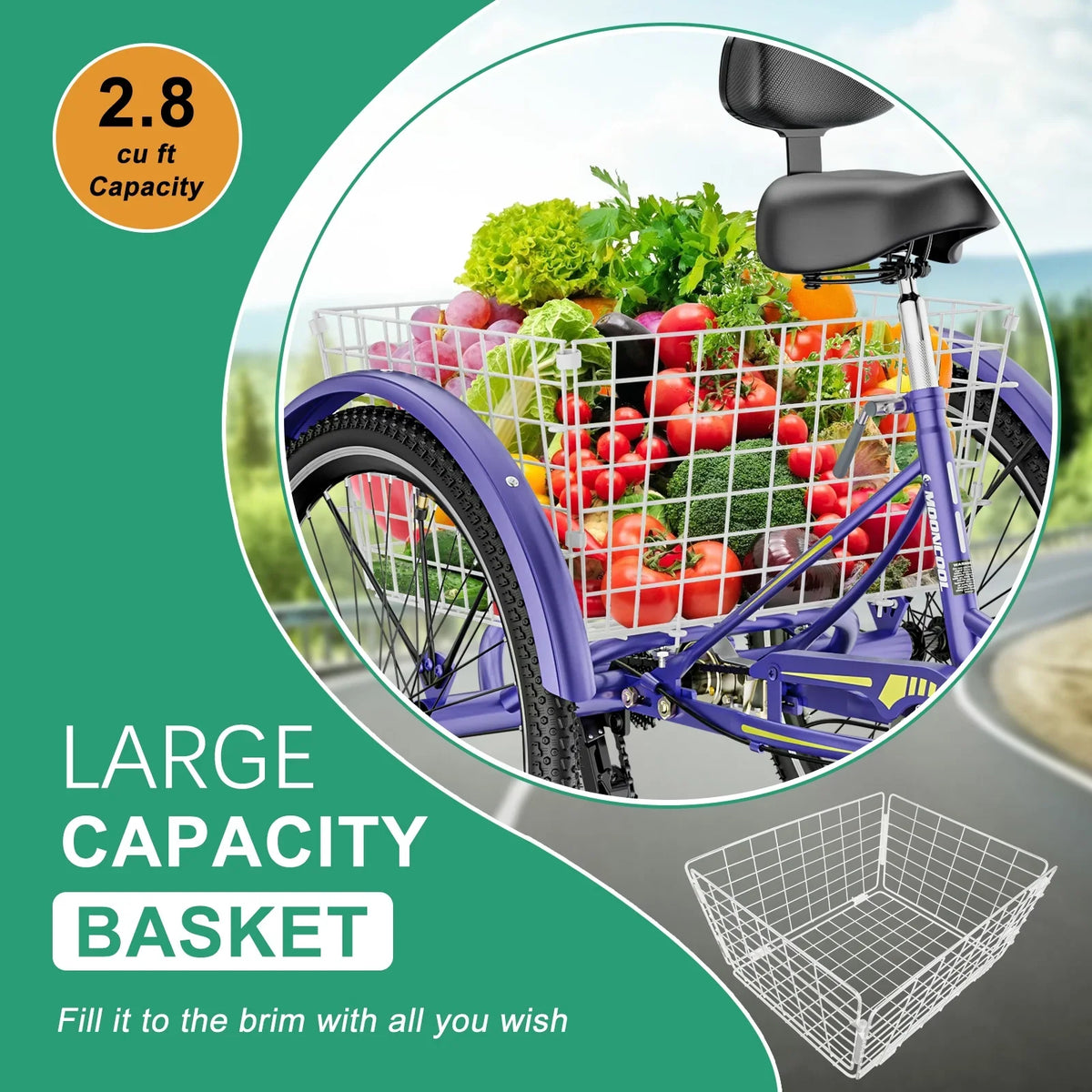 MOONCOOL Adult Tricycles with Rear Basket & Inflator, 24 26 inch 7 Speed 3 Wheel Bikes, Three-Wheeled Bicycles Adult Trike with Backrest for Seniors, Women, Men