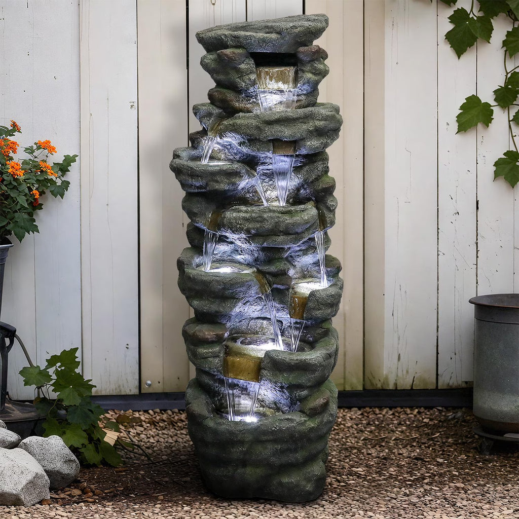 51" H Outdoor Water Fountain - 7-Tiers Rock Waterfall Fountain with LED Lights for Home Garden Decor