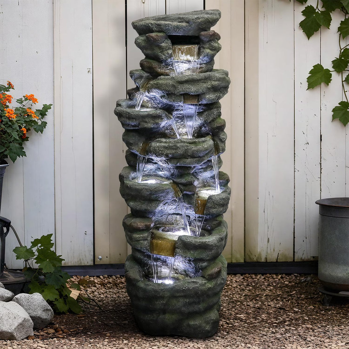51" H Outdoor Water Fountain - 7-Tiers Rock Waterfall Fountain with LED Lights for Home Garden Decor