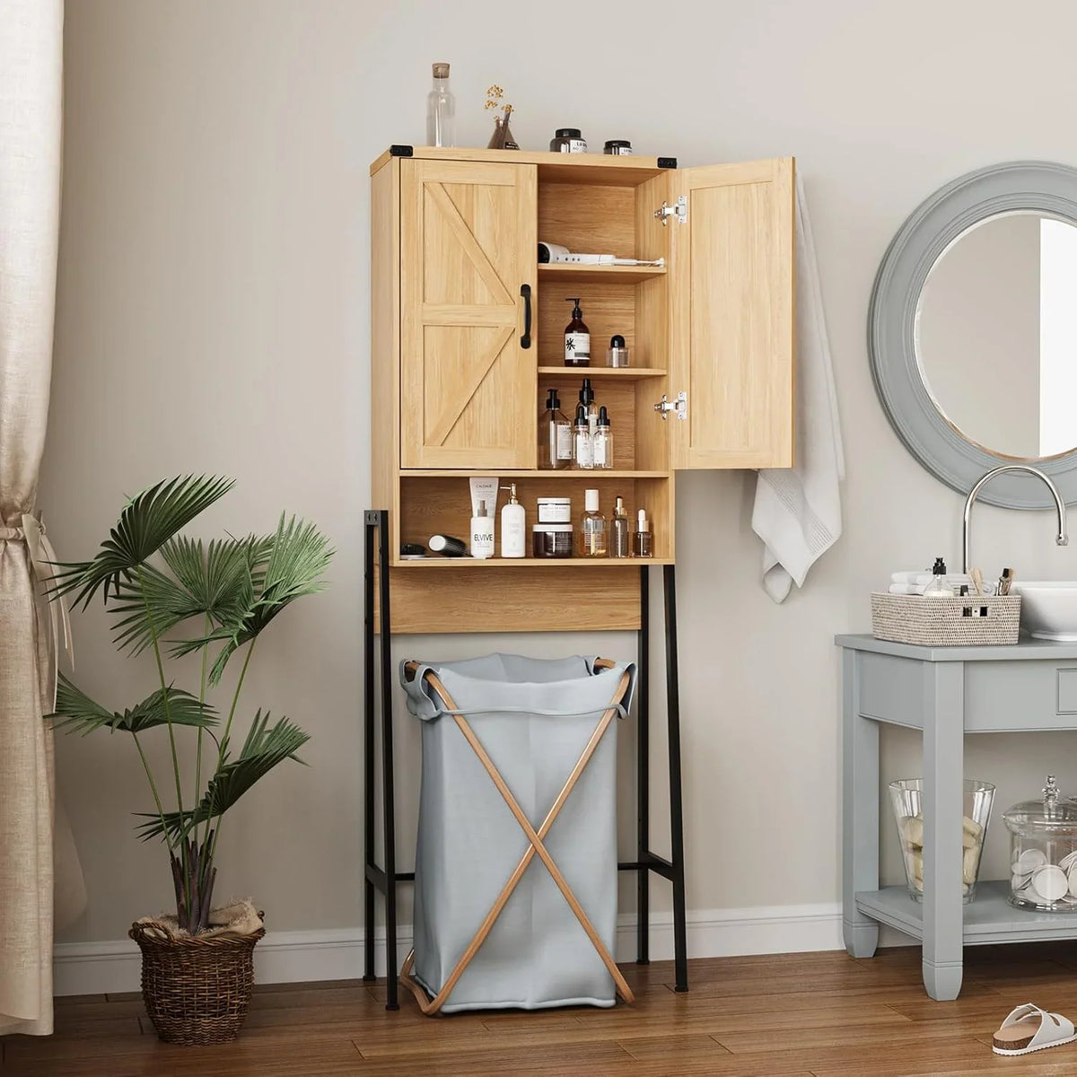 Vabches Over The Toilet Storage Cabinet, 68" H Farmhouse Freestanding Bathroom Storage Organizer with Double Doors & Storage Shelves