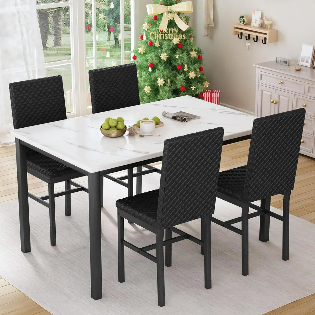 Baxluxe Dining Table Set for 4, Modern 5 Piece Dining Table Set, Faux Marble Kitchen Table and 4 Velvet Upholstered Chairs for Apartments, Dining Rooms, Small Spaces, Gray