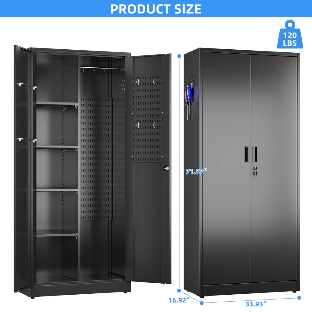 GAEANET 2 Door Metal Storage Cabinet with 5 Adjustable Shelves &Pegboard, 71" H"32" W"16" D Locking Steel Garage Cabinet, for Garage,Office,Home,Gym,School, File Cabinet,Assembly Required, Black