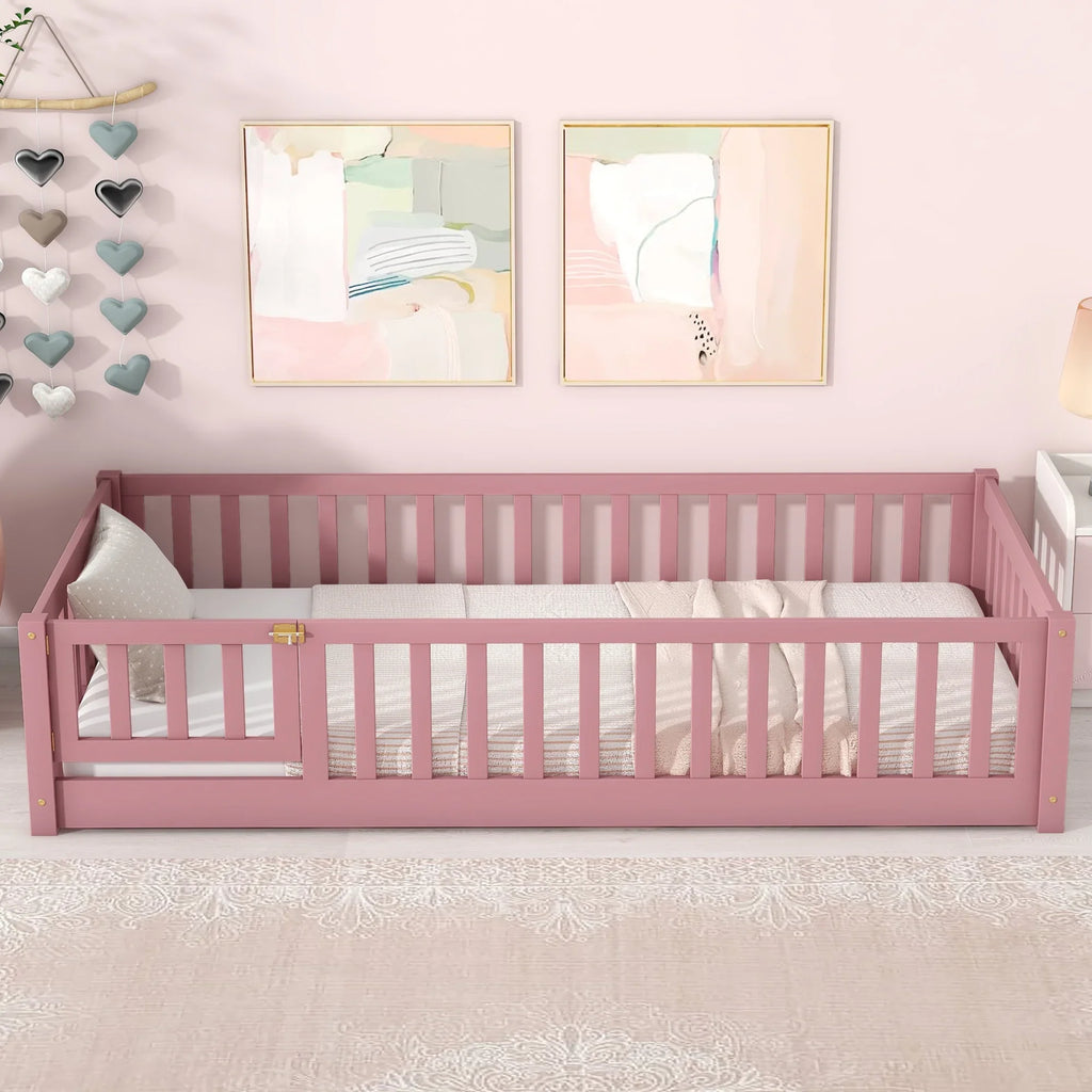 PAPROOS Twin Size Floor Bed, Solid Wood Toddler Bed with Slat, Fence Guardrail and Door, No Box Spring Needed, Montessori Bed, Twin Bed for Kids, Boys, Girls, Gray