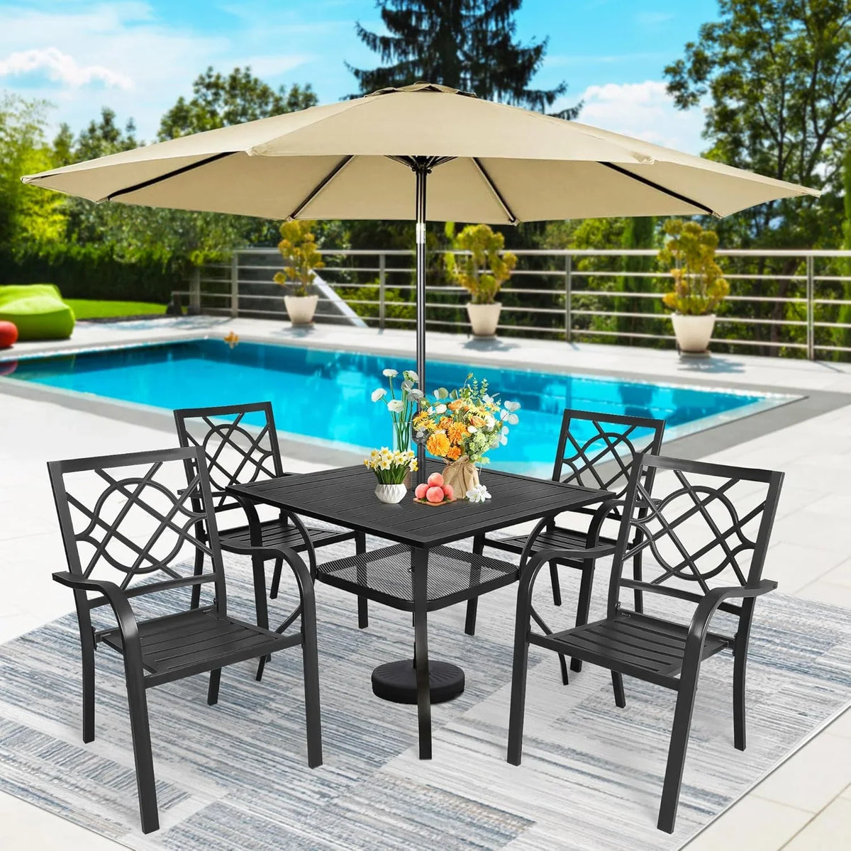 SUNCROWN 5-Piece Outdoor Wrought Iron Chairs and Table Patio Dining Furniture Set - 4 Stackable Metal Chairs, 1 Steel Slat Bistro Table and 1 Sky Blue 9Ft Patio Umbrella for Garden Backyard Deck