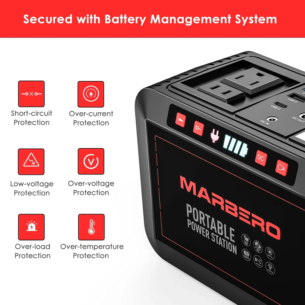 Portable Power Station 300W MARBERO 237Wh Camping Solar Generator Backup Lithium Battery with Pure Sine Wave 110V AC Outlet, USB C, USB A, DC for Outdoors Camping CPAP Home Blackout Emergency