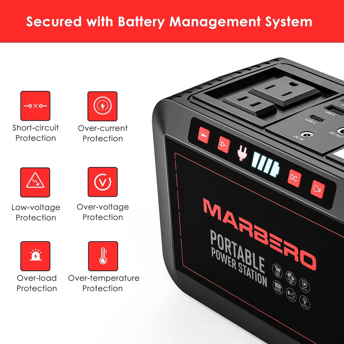 Portable Power Station 300W MARBERO 237Wh Camping Solar Generator Backup Lithium Battery with Pure Sine Wave 110V AC Outlet, USB C, USB A, DC for Outdoors Camping CPAP Home Blackout Emergency