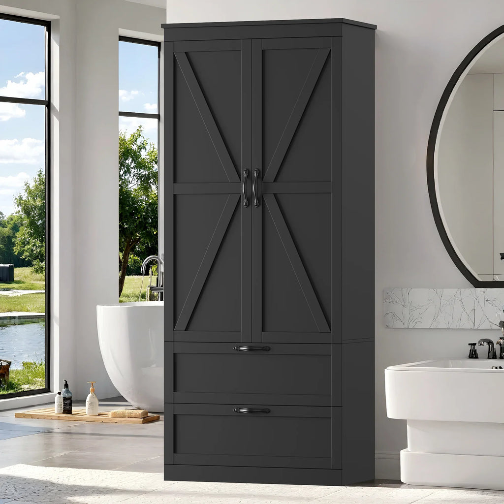 Homfa 70.3"H Bathroom Storage Cabinet, Farmhouse Linen Storage Cabinet with 2 Drawers, White