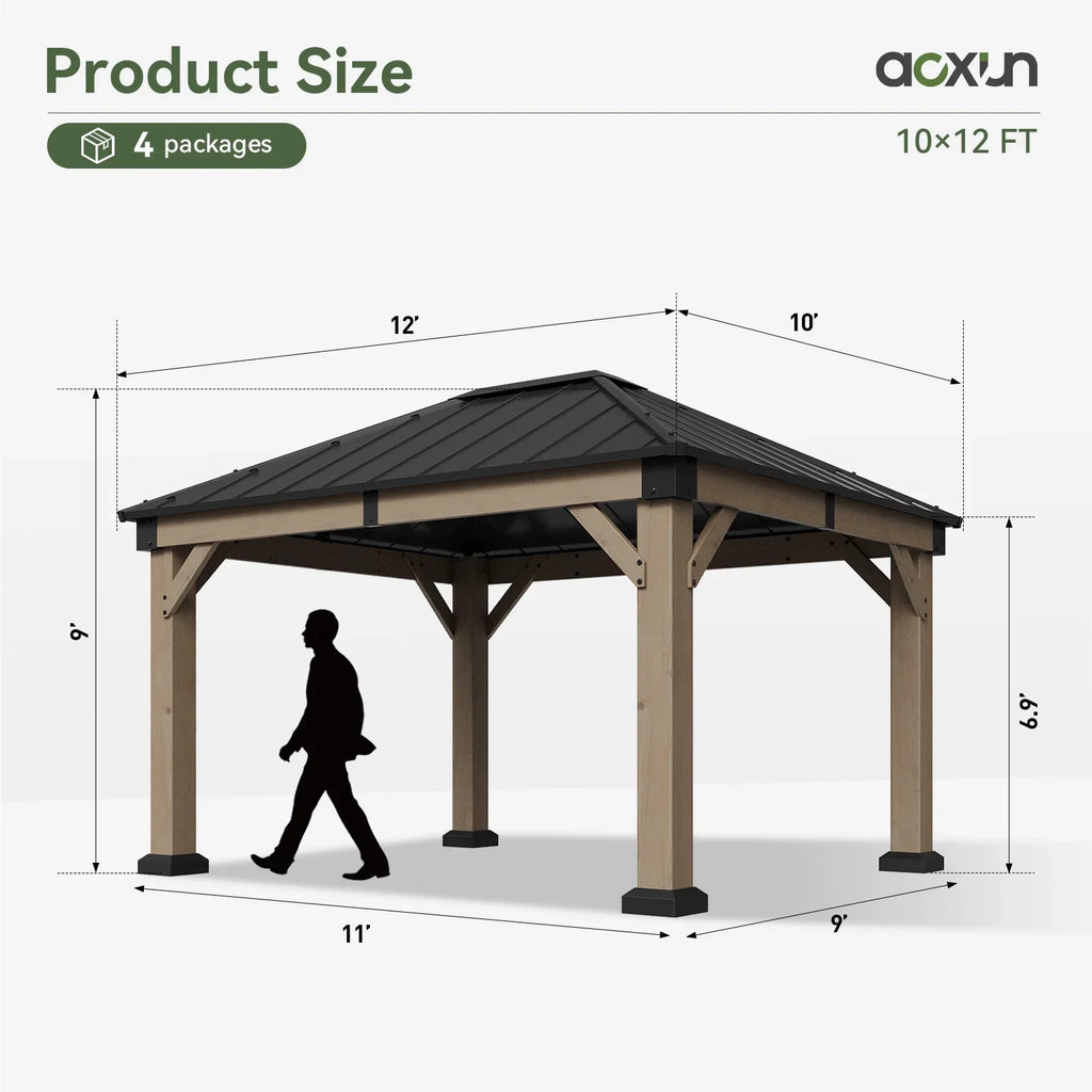Aoxun 12' x 16' Outdoor Wood Gazebo, Hardtop Gazebo Permanent Wooden Pavilion with Galvanized Steel Double Roof, for Patio, Garden, Backyard, Cedar Wood