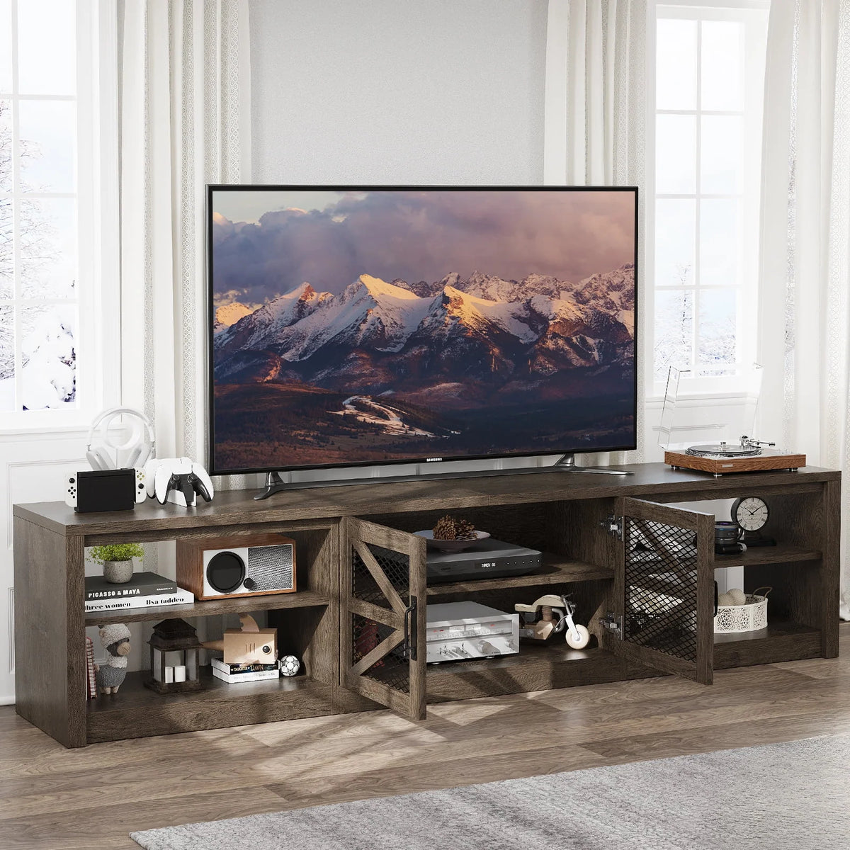Planntonneo Mid-Century Modern Fluted TV Stand Wooden Media Console Entertainment Center for Living Room, Walnut Color