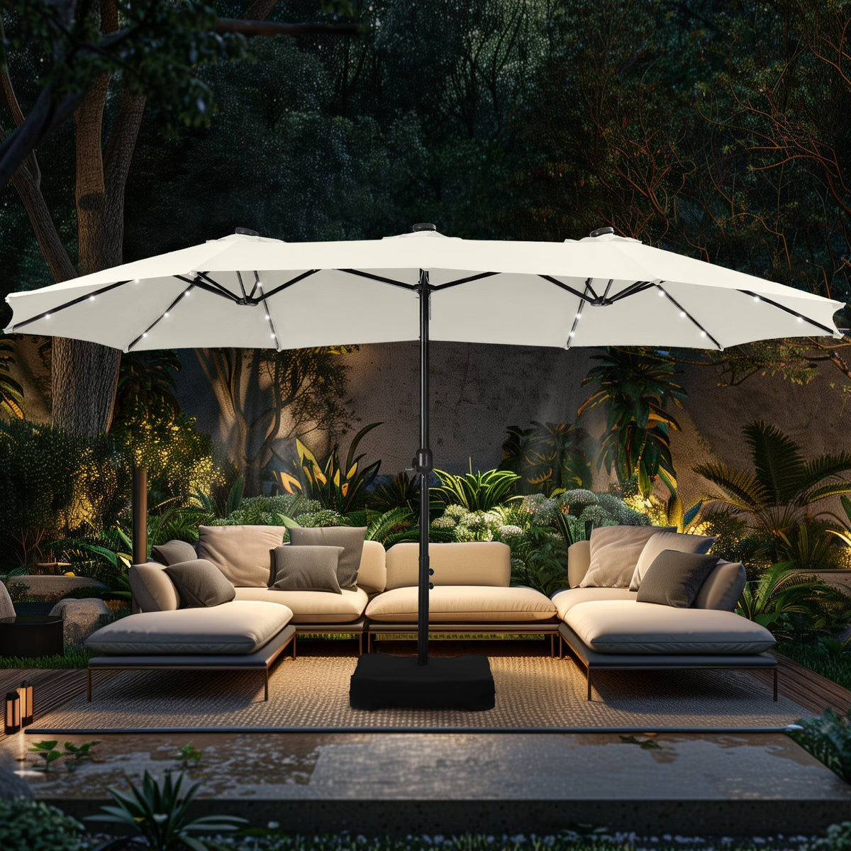Alpha Joy 15ft Extra Large Outdoor Patio Double-Sided Umbrella with LED Solar Lights & Umbrella Base, Beige