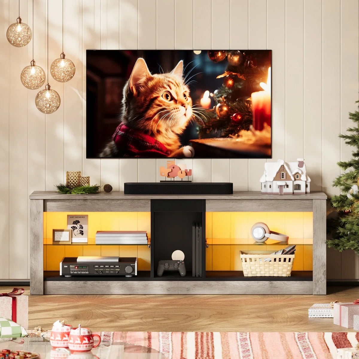 Bestier Entertainment Center with LED Lights TV Stand Media Console Table for TVs up to 60" in Light Grey