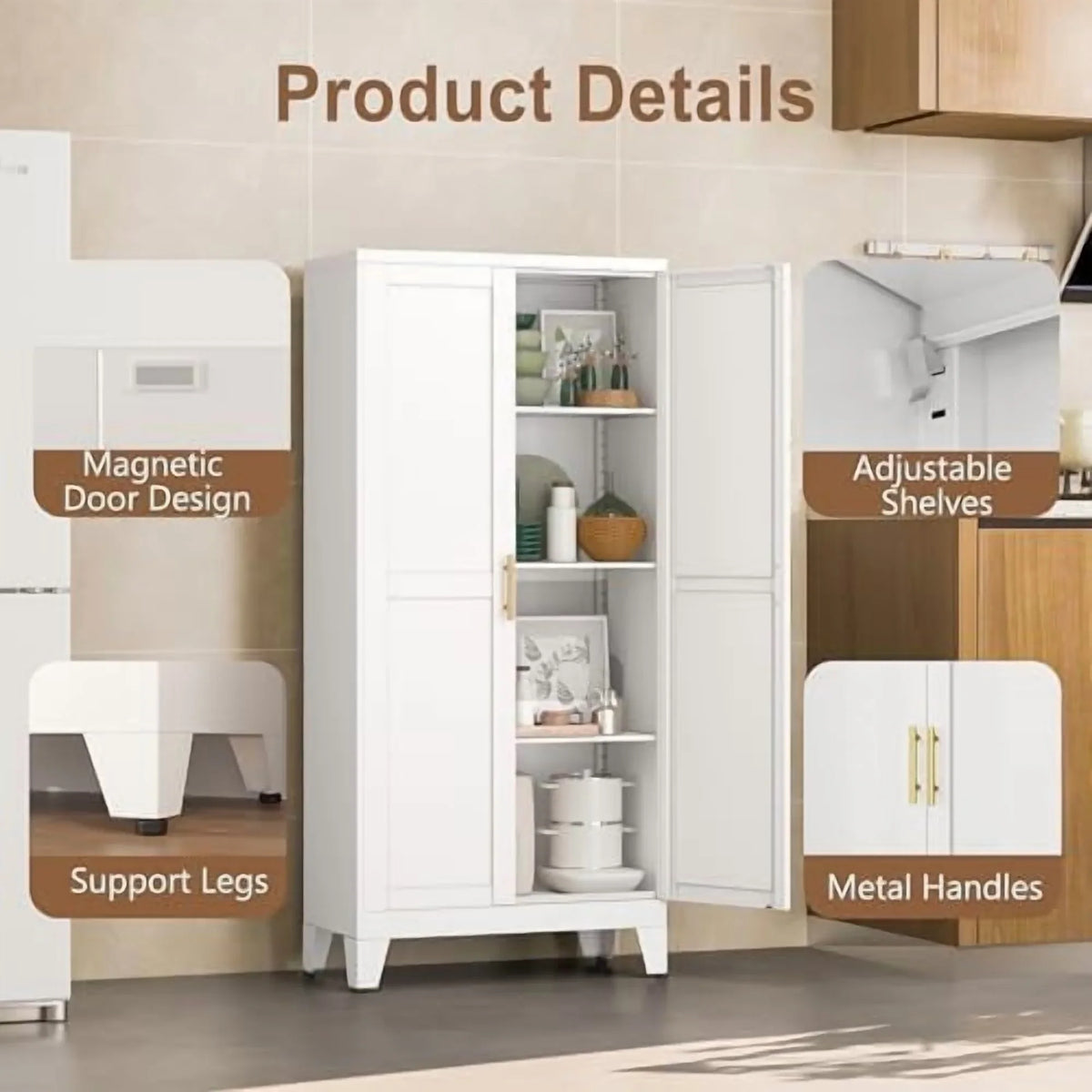 Metal Kitchen Pantry Storage Cabinet with 2 Doors and 3 Adjustable Shelves,Pantry Cabinet with Adjustable Leveling Foot for Kitchen, Living Room, Dining Room"White"
