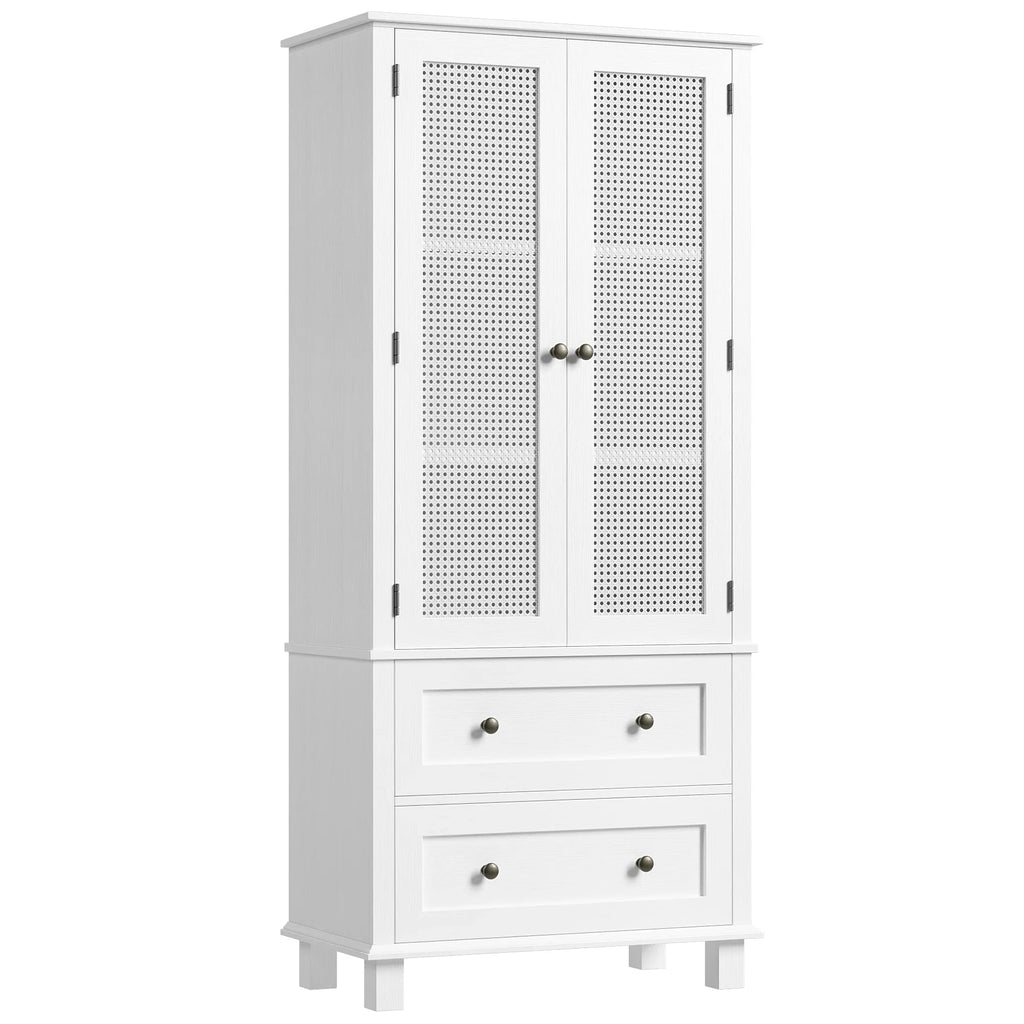 Homfa Bathroom Cabinet with Rattan Doors, Rattan Linen Storage Cabinet with 2 Drawers, Oak