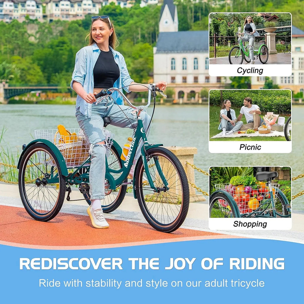 MOONCOOL Adult Tricycles with Rear Basket & Inflator, 24 26 inch 7 Speed 3 Wheel Bikes, Three-Wheeled Bicycles Adult Trike with Backrest for Seniors, Women, Men