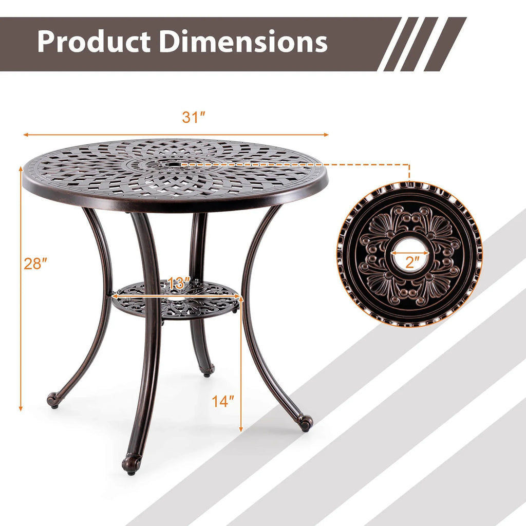 Gymax 31 Inch Diameter Round Table Patio Cast Aluminum Table w/ Umbrella Hol