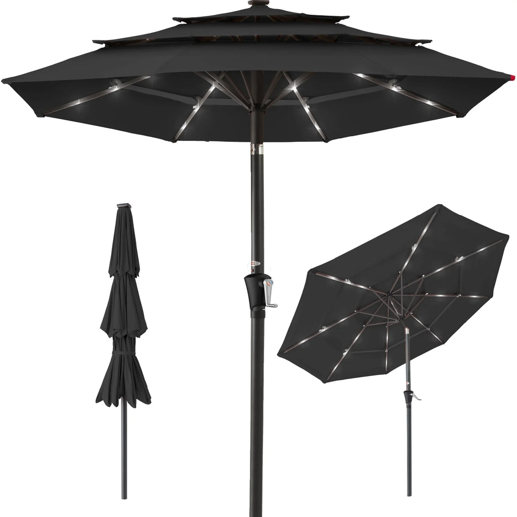 Best Choice Products 10ft 3-Tier Solar Patio Umbrella w/ 24 LED Lights, Tilt Adjustment, Easy Crank - Tan