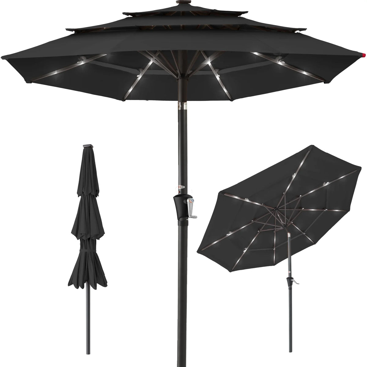Best Choice Products 10ft 3-Tier Solar Patio Umbrella w/ 24 LED Lights, Tilt Adjustment, Easy Crank - Tan