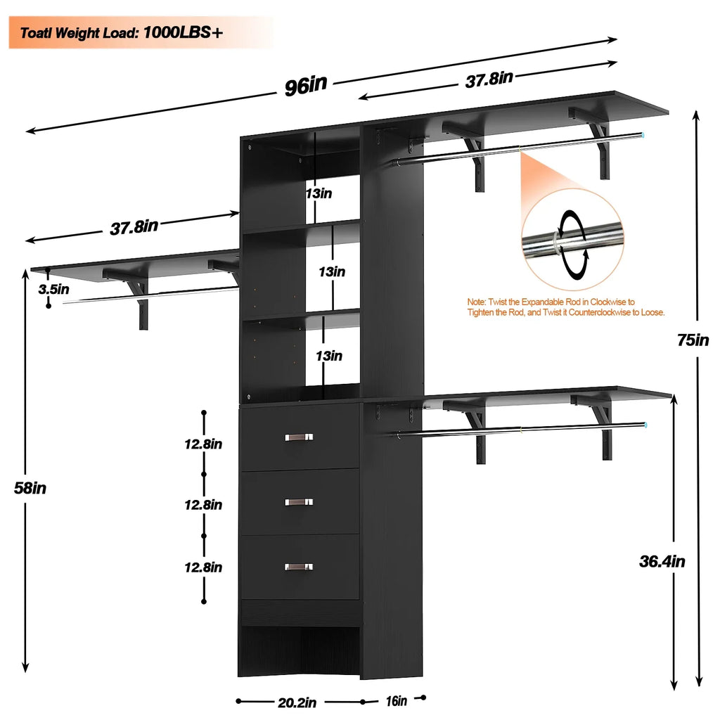 Homieasy 96 Inches Closet System, 8FT Walk In Closet Organizer with 3 Shelving Towers, Heavy Duty Clothes Rack with 3 Drawers, Built-In Garment Rack, 96" L x 16" W x 75" H, White