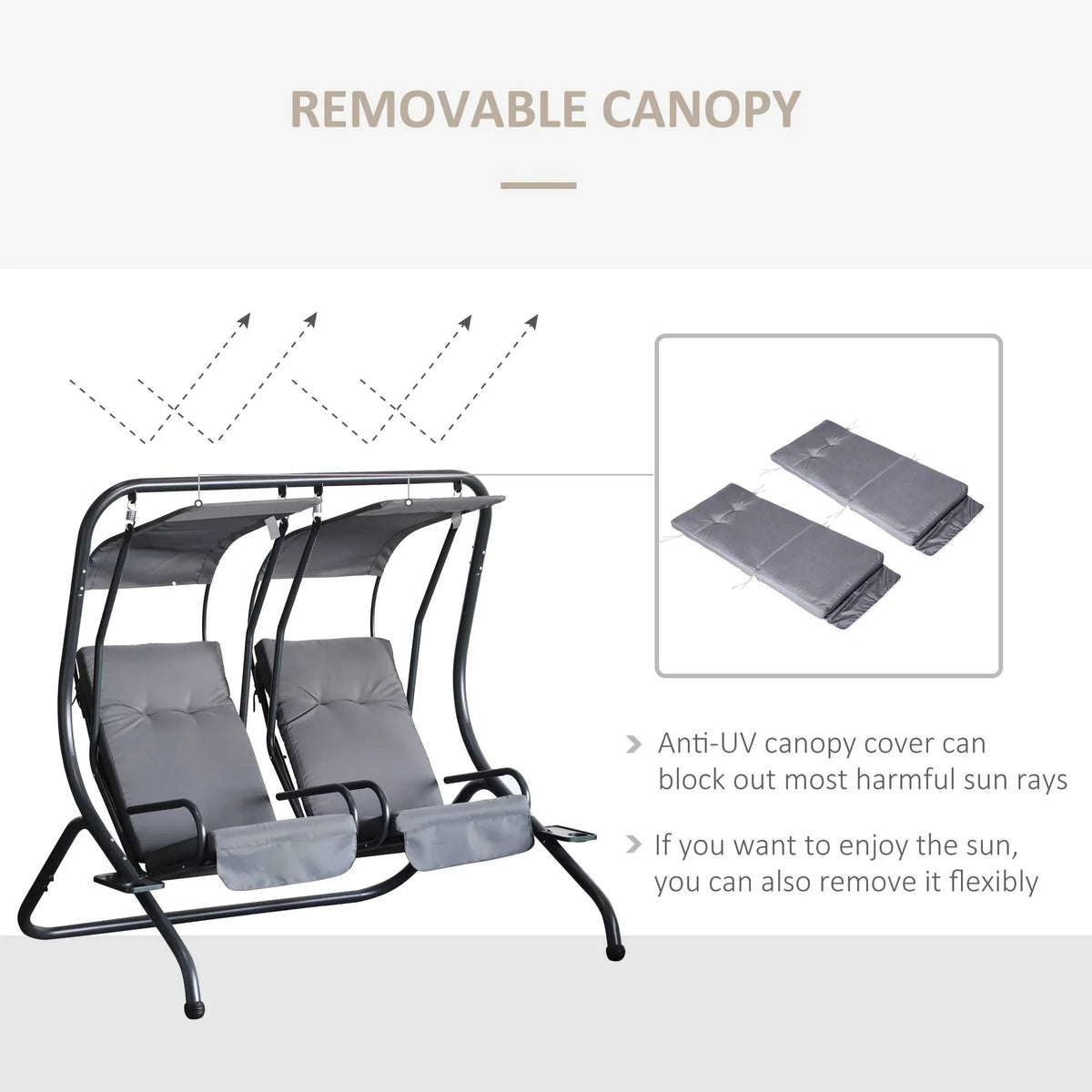 Outsunny 2-Seat Modern Steel Canopy Porch Swing with Cup Holder and Cushions, Beige/Black