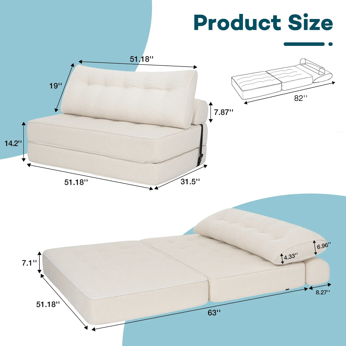 Hommpa Folding Sofa Bed Foldable Couch Bed Convertible Futon Chair with High Density Foam Filling with Pillow for Adult,Comfort chair bed for Living Room Bedroom,Gray,Single
