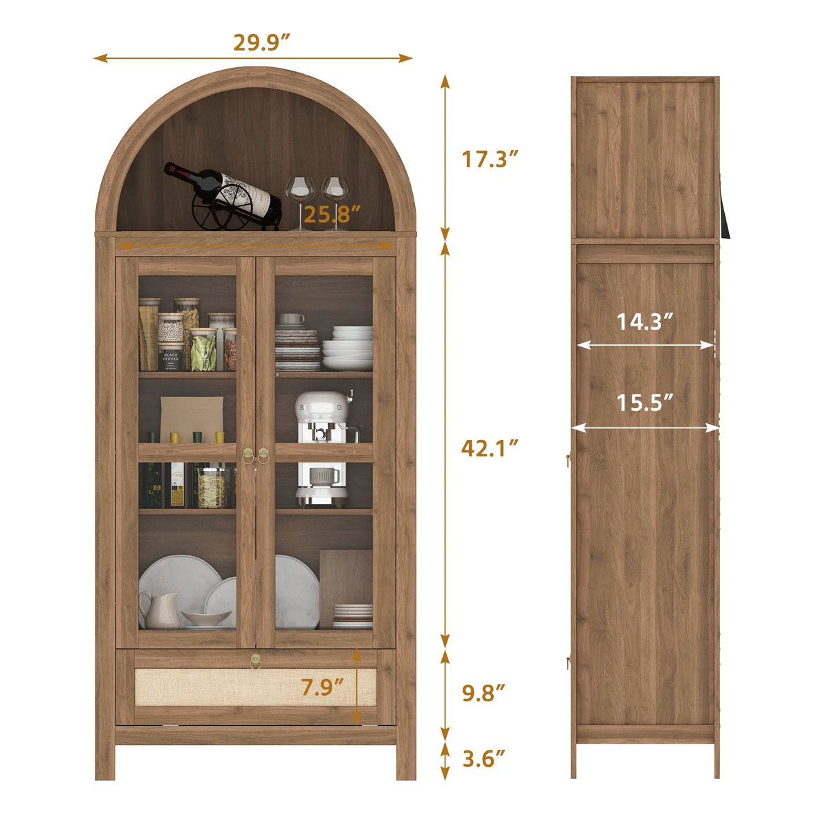 LAZZO 73-Inch Tall Arched Kitchen Pantry Storage Cabinet, 2 Doors, Brown