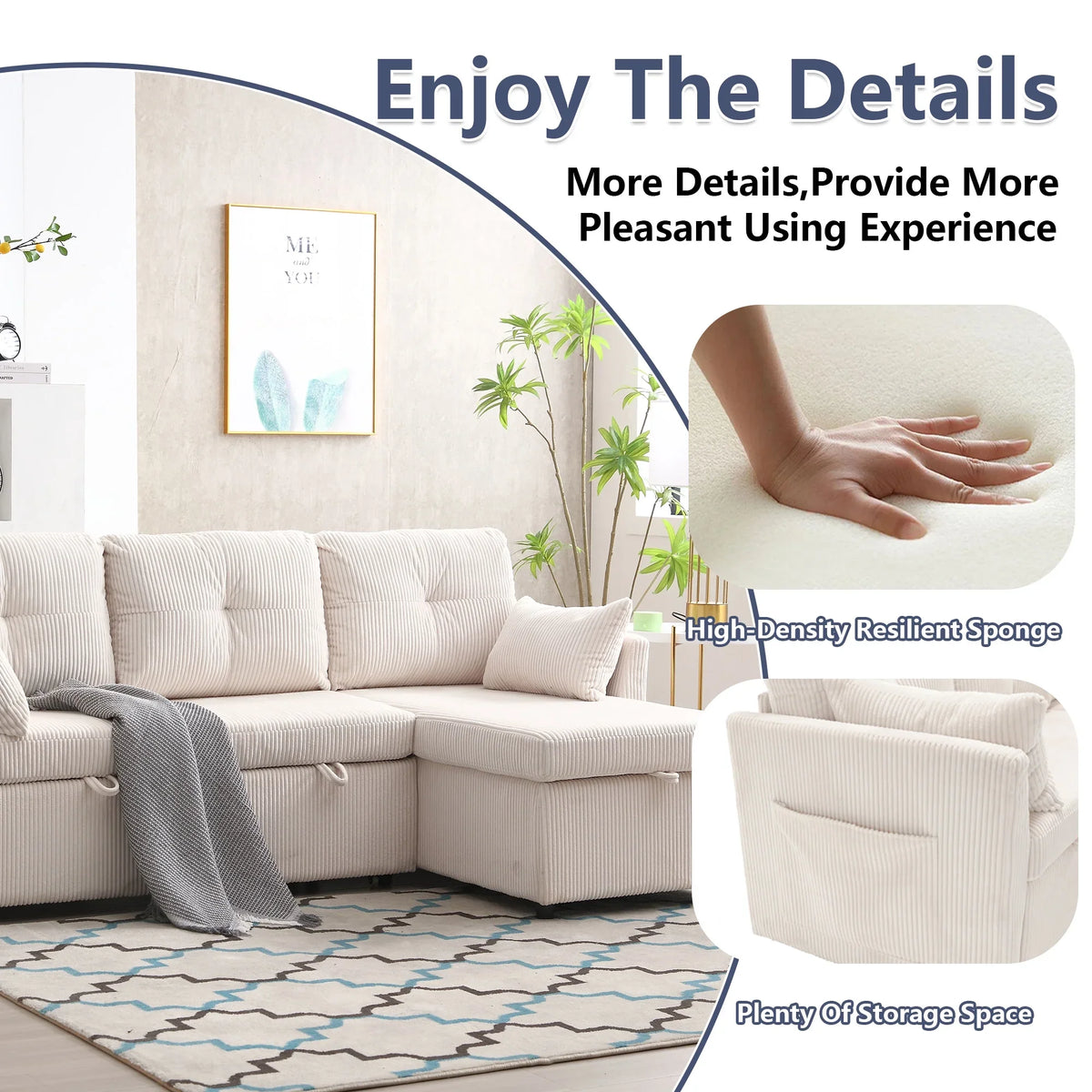 Villeston L-Shaped 3-Seat Sofa with Pull-Out Bed, with Storage Chaise Couch for Living Room, Chenille Fabric,Olive