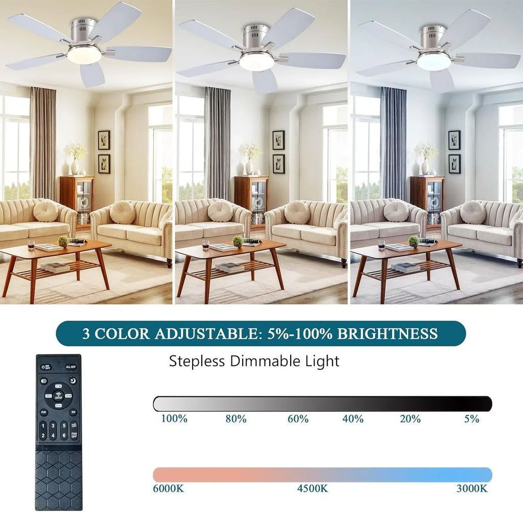 42 Inch Low Profile Ceiling Fans with Lights and Remote, Flush Mount Modern Ceiling Fan, 3 CC T DC Ceiling Fan for Bedroom, Living Room, Brushed Nickel