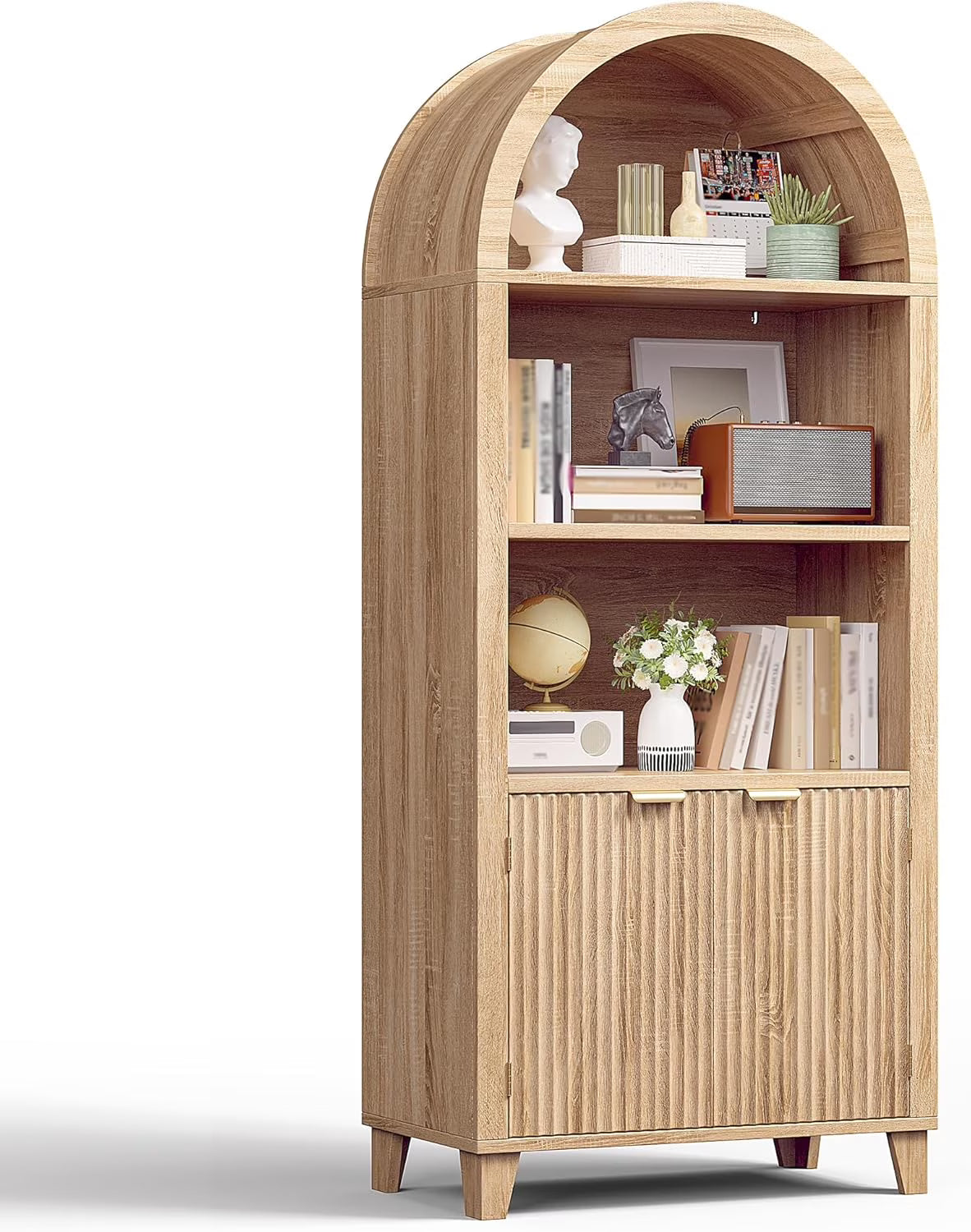 Bookshelf Arched Cabinet,5-Tier Arched Bookcase with Doors and Adjustable Shelves,Wooden Storage Cabinet with Open Display Shelf for Office,Living Room"Light Oak
