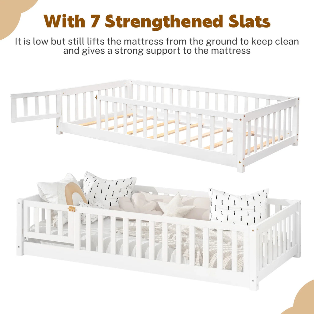 PAPROOS Twin Size Floor Bed, Solid Wood Toddler Bed with Slat, Fence Guardrail and Door, No Box Spring Needed, Montessori Bed, Twin Bed for Kids, Boys, Girls, Gray