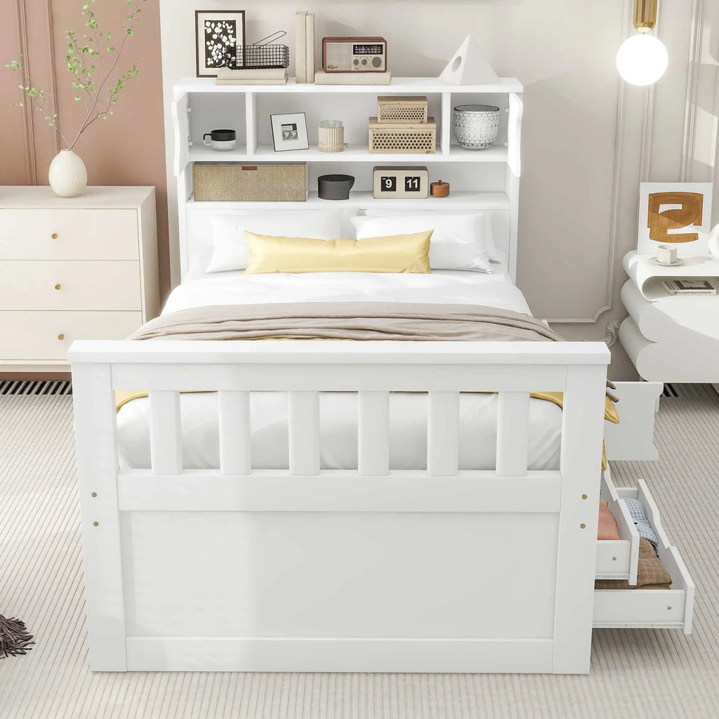 Euroco Wood Twin Size Platform Bed with Storage Headboard, Captain Bed with 4 Drawers, Bookcase and Cabinets, Gray