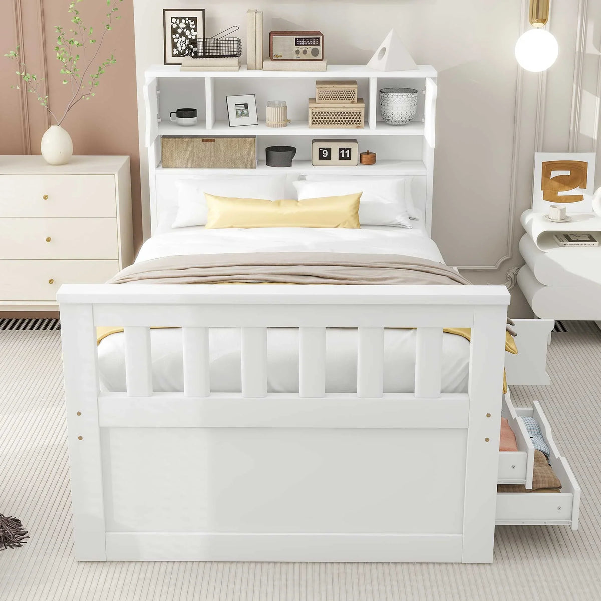 Euroco Wood Twin Size Platform Bed with Storage Headboard, Captain Bed with 4 Drawers, Bookcase and Cabinets, Gray