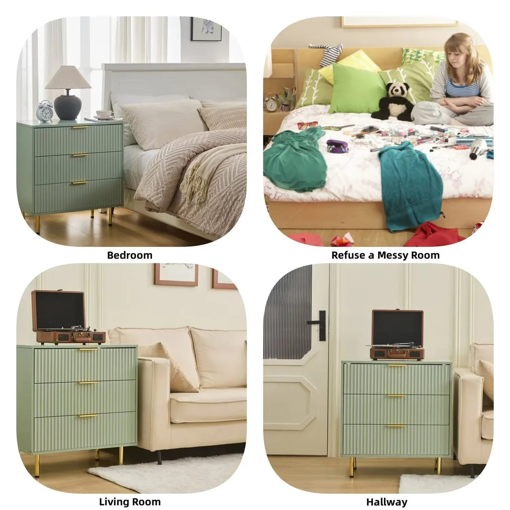 HRYJ White Large 3 Drawers Nightstand Dresser Fluted Wood Night Stand Bedside Table for Bedroom