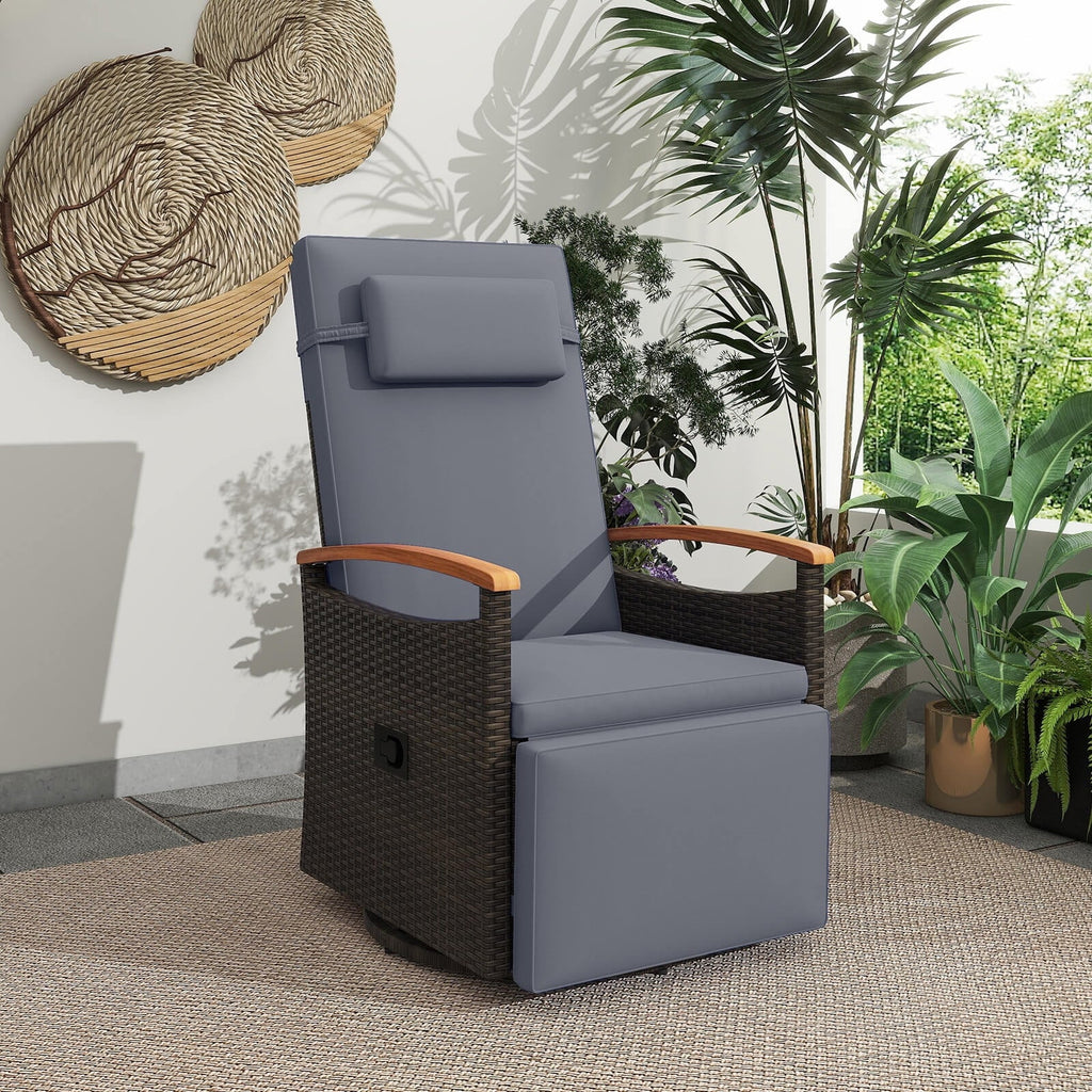 Costway Outdoor 360" Swivel Rattan Recliner Chair Patio Wicker Chaise Lounge Chair Beige