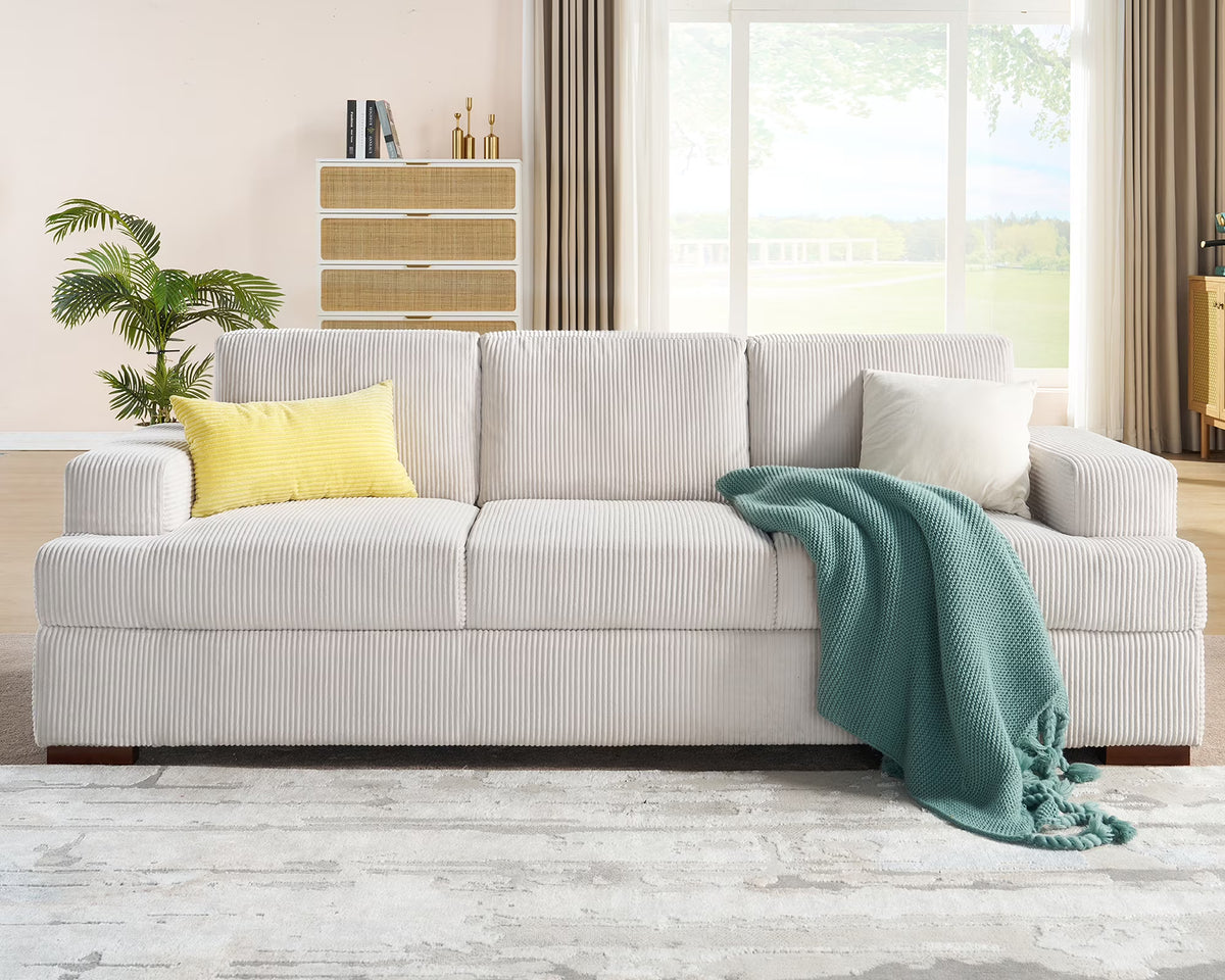 VANACC 89in Couch, Comfy Sofa with Wood Legs, 3 Seater Modern Sofa- Deep Seat Couches for Living Room, White Corduroy