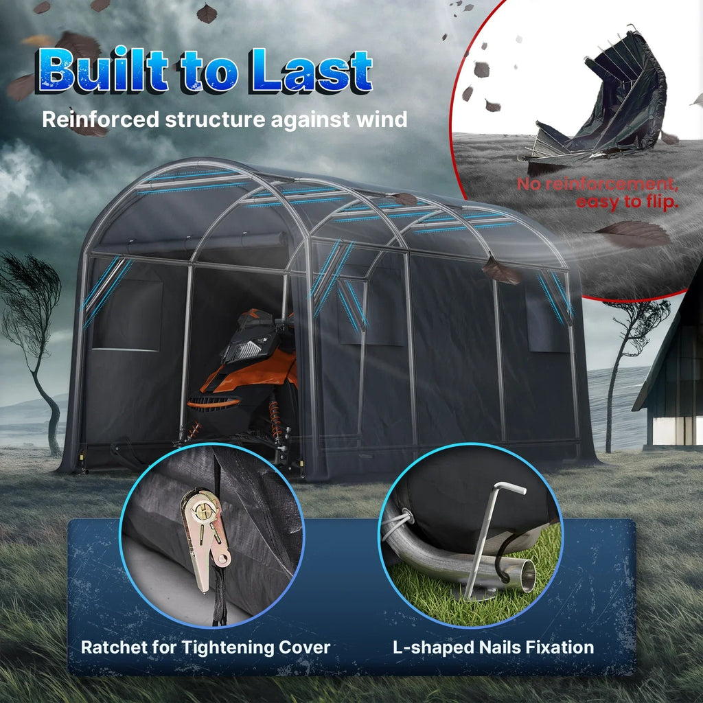 ADVANCE OUTDOOR 10x15 ft Shelter Storage Shed Steel Metal Round Roof Anti-Snow Portable Garage Carport for Motorcycle, Boat, or Garden Tools with 2 Roll up Doors & Vents, Gray
