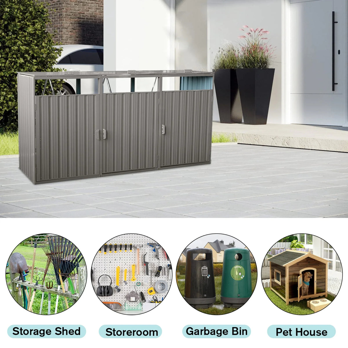 JXXRZ Metal Garbage Bin Shed for 2 Trash Cans with Lockable Doors and Lids,Galvanized Steel Garbage Bin Storage Shed for Garden Yard Lawn, Black